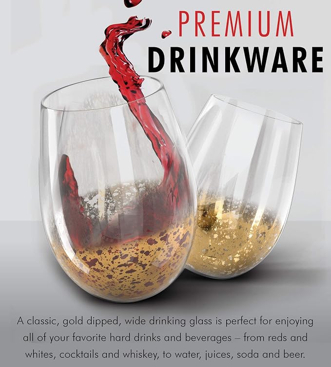 Kitchen Lux Gold Rimmed Stemless Wine Glasses, 18oz – Set of 12 Elegant Cocktail Tumblers – Premium Glass Drinking Cups – Deluxe Gift Pack - Dishwasher Safe - Image 2