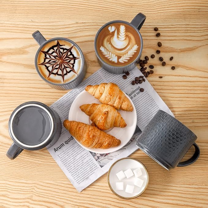 Hasense Coffee Mugs Set of 4 with Stand, 15 oz Porcelain Stackable Coffee Cups Set with handle for Tea, Latte, Milk and Cappuccino, Grey Embossed Tea Cups Set with Geometric Patterns for Men and Women - Image 6