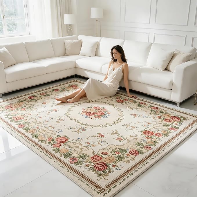 Vintage Rustic Shabby Rose Rugs Luxury Soft Elegant Traditional Rugs Floral Accent Carpet for Home Living Room/Bedroom, 6′6″ × 9′6″, Country Rose - Image 4
