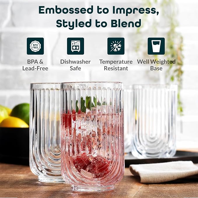 Glaver's Drinking Glasses Set of 8. 17oz Vintage Drinking Cups. Ripple Cocktail Glasses, Ribbed Drinking Highball Glass Cups. Arch Designed Art Deco Glassware for Water Juice Coffee. Package may Vary - Image 2