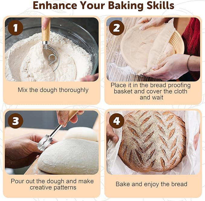 TeamFar Sourdough Bread Baking Supplies, 9” Round & 10” Oval Bread Proofing Basket Set with Liner, Sourdough Starter Kit for Bread Making, Bread Lame/Whisk/Dough Scraper/Basting Brush