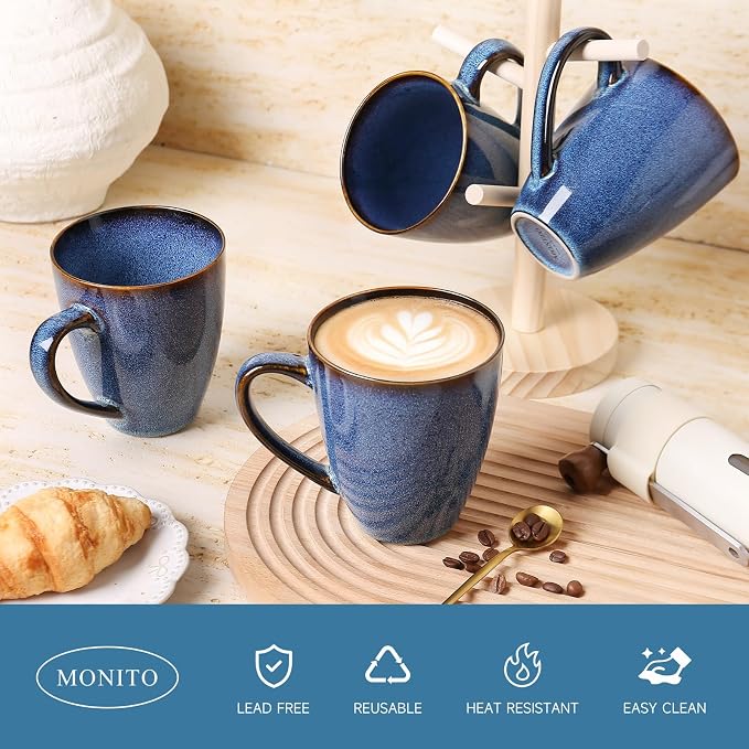 MONITO 17 OZ Coffee Mugs Set of 4, Large Ceramic Blue Coffee Mugs Set with handle for Tea/Latte/Milk/Cocoa, Funny Tea Cups for Office and Home, Engagement Gifts.(Starry Blue) - Image 3