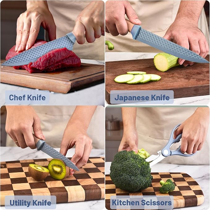 Kitchen Knife Set, Retrosohoo 6-Pieces Blue Sharp Knife Set for Kitchen, Non-stick Non-slip Stainless Steel Chef Knife Set with Universal Knife Block Suitable for Home Restaurant (Dusty Blue) - Image 3