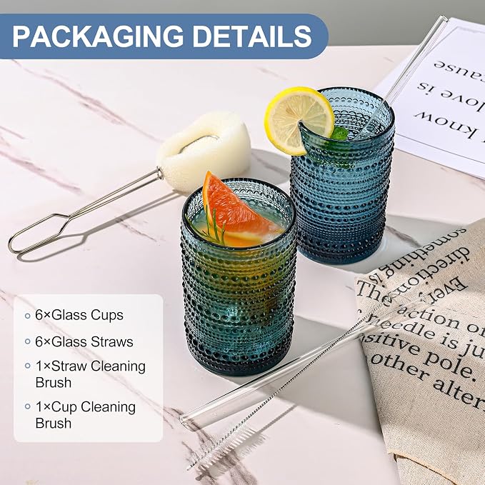 ZMOWIPDL Drinking Glasses Set of 6,15 oz Blue Hobnail Glass Cups | Vintage Glassware，Embossed Water Tumbler,for Beer,Cocktail,Whiskey,Juice and Various Mixed Drinks- 1 Cleaning Brush - Image 6