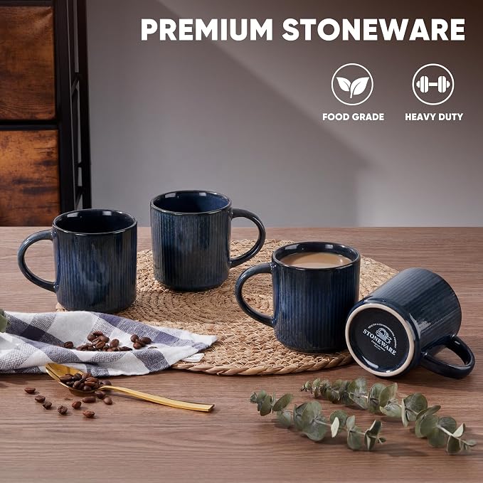 E-far Coffee Mugs Set of 4, 12 oz Stoneware Coffee Cups with Handle for Latte, Tea, Cocoa, Milk, Modern Ribbed Ceramic Mugs for Man Woman, Microwave & Dishwasher Safe, Midnight Blue - Image 3