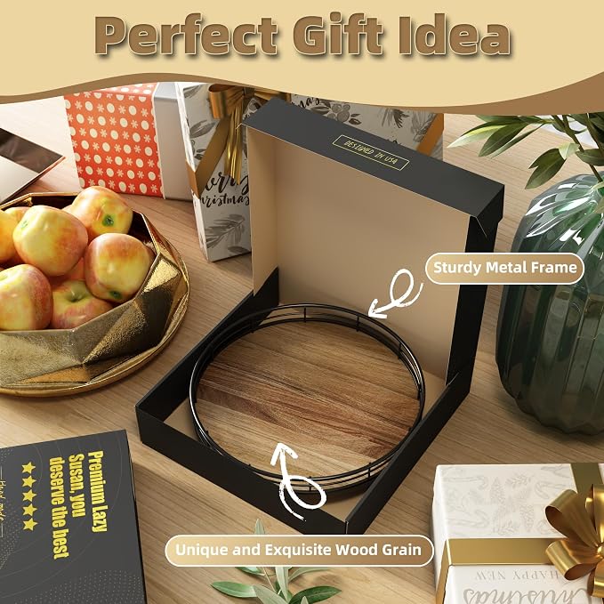 Acacia Wood 9" Bathroom Vanity Tray Turntable, Farmhouse Round Bathroom Countertop Organizer for Soap Perfume, Rotating Organizer for Kitchen Table Centerpieces, Decorative Trays for Coffee Table - Image 6