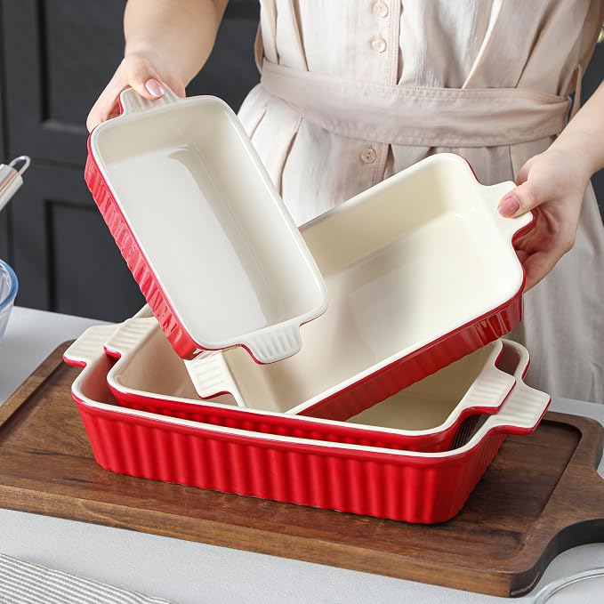 Bakeware Set of 4, MALACASA Porcelain Baking Pans Set for Oven, Casserole Dish, Ceramic Rectangular Baking Dish Lasagna Pans for Cooking Cake Pie Dinner Kitchen, Red (9.5"/11.25"/12.75"/14.5") | Rectangular Lasagna Pan Bakeware for Roasting Vegetable, ... - Image 6