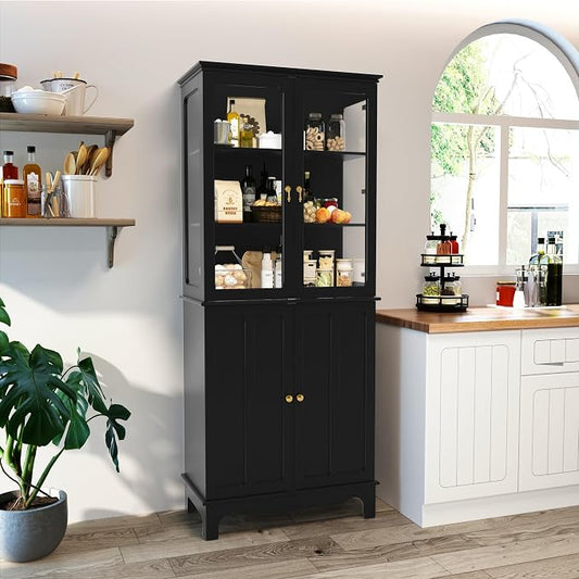 72" Tall Kitchen Pantry Cabinet with Glass Door and Adjustable Shelves, Vintage Food Storage Cabinet for Kitchen, Dining Room, Living Room, Black by MROJISC