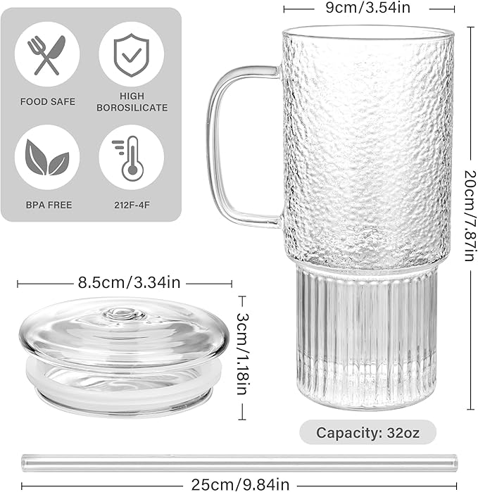 32oz Ribbed Glass Cup with Handle Lid and Straw，Borosilicate Glass Tumblers, Iced Coffee Cups Modern Glass Mug Hot/Cold Drinks for Smoothies, Tea, and Juice (clear-2Pack-glass Lid)
