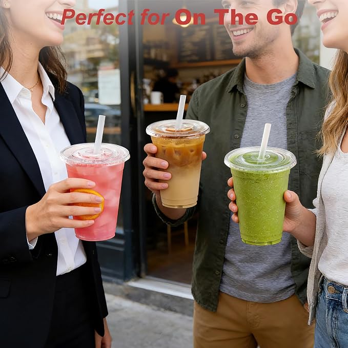 Ginkgo 100 Pack - 16 oz Clear Plastic Cups with Lids and Straws | Leak-Proof & Sturdy, Disposable Iced To Go Coffee Cups for Smoothie, Cold Beverages - Image 6