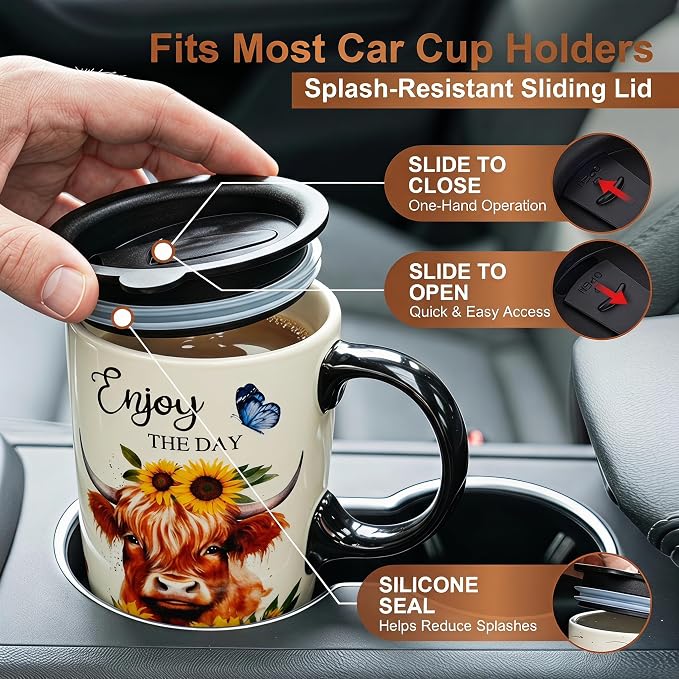 Topadorn 17oz Ceramic Travel Mug with Lid, Highland Cow Coffee Mug | Farmhouse Ceramic Coffee Cup with Handle, Gift Box Included, Dishwasher & Microwave Safe - Image 6