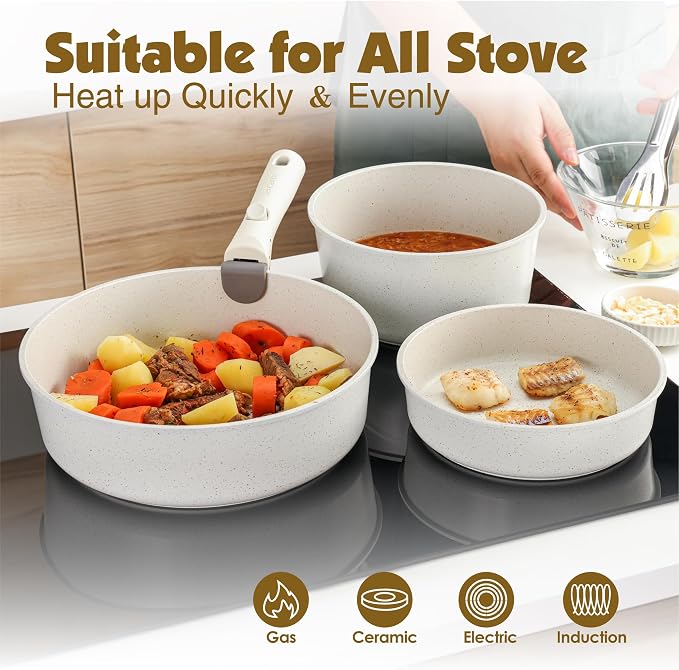 SENSARTE 24 Piece Nonstick Detachable Handle Pots and Pans Set White | Removable Handle Cookware Set, Induction Cookware Set with Removable Handle, Healthy Non Stick for RV, Dishwasher ＆ Oven Safe - Image 6
