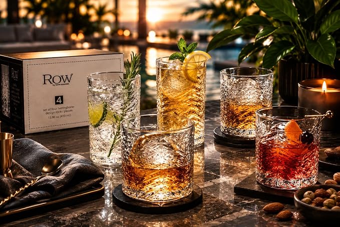 Set of 4 Double Old Fashioned Whiskey Glasses 13.86 oz, Heavy Base Rocks Glasses, Textured Herringbone Drinking Glasses, Bourbon Scotch Cocktail Tumblers - Image 8
