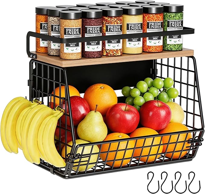 Magnetic Shelf for Fridge,Hanging Wall Basket for Potato Onion Fruit and Vegetable Storage Bins,Large Produce Container Magnetic Spice Rack for Refrigerator Kitchen Counter Pantry,Black by Clothink