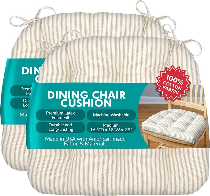 Barnett Home Decor Dining Chair Cushions, 16.5 x 18 – Ticking Stripe Natural – 100% Cotton, Latex Foam Fill (Pack of 2) by BarnettHomeDecor