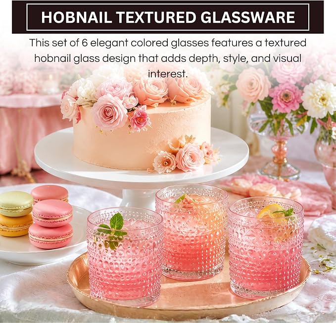 Khen Hobnail Beaded Highball Drinking Tumbler Glasses | Set of 6 | Pastel Pink Color, Vintage Bubble Design Whiskey Glassware, Rocks Glasses - Image 3