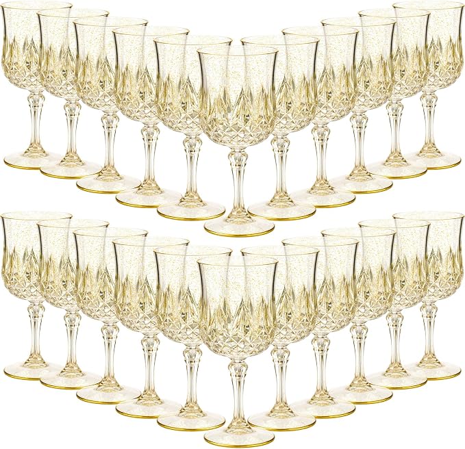 Sliner 48 Pcs 7oz Plastic Vintage Wine Glasses Drinking Goblets Unbreakable Crystal Water Glassware Reusable Diamond Champagne Flutes Cups for Wedding Banquet Birthday Party Supplies (Gold Glitter) by Sliner