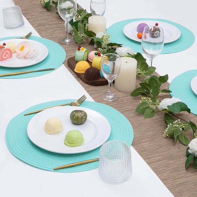SHACOS Round Placemats Set of 6 Washable 15 inch Round Table Mats Cotton Polyester Woven Braided Place Mats for Dining Table (Aqua, 6) - Image 4