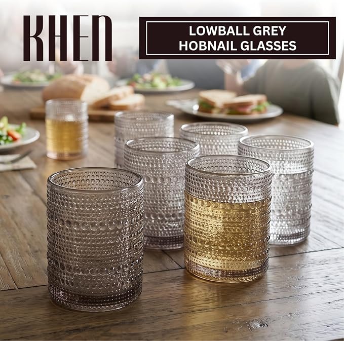 Khen Beaded Tumbler Drinking Glasses Set | Set of 6 | Vintage Hobnail 11 OZ Bubble Design Whiskey Glassware, Old-Fashioned, Embossed Design Glass for Water, Wine, Cocktail HAND WASH ONLY (Grey) - Image 2