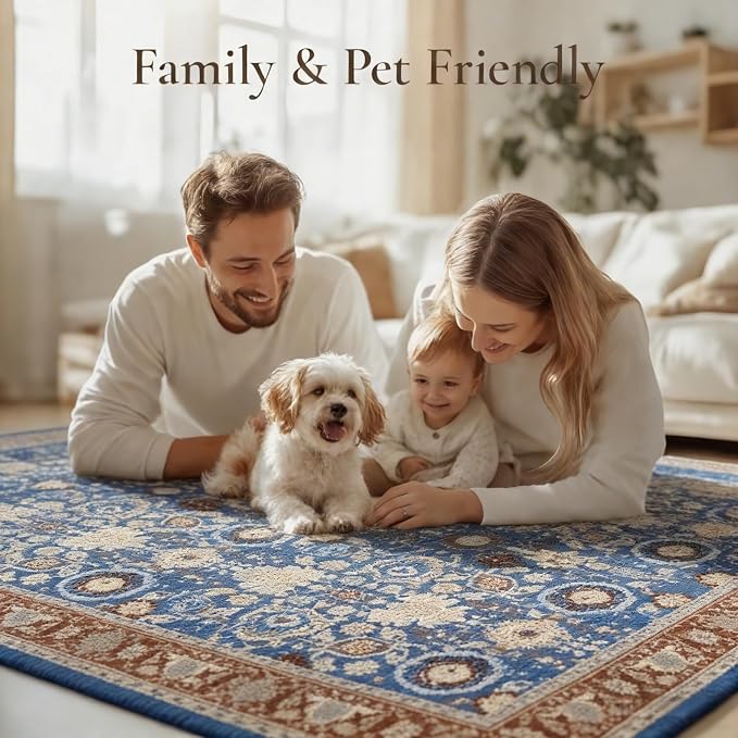 5x7 Area Rug, Machine Washable Living Room Rug - Non-Slip Low Pile Accent Rug for Bedroom, Pet Friendly, Modern Vintage Geometric Design - Image 9