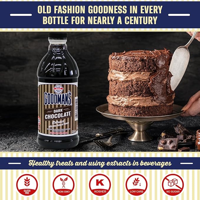 Goodman's Dark Chocolate Extract - Gluten-Free, Non-GMO, Kosher, Low Carb & Calorie - For Keto and Plant-Based Recipes! - Rich Chocolate Ideal for Frosting, Cake, Cookies & Hot Chocolate (16oz Bottle)