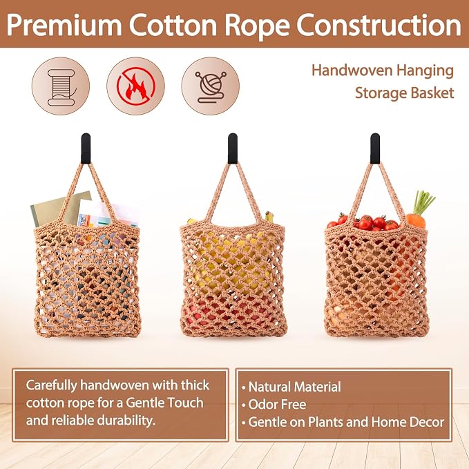 Honeydak Boho Decor Hanging Wall Baskets for Kitchen 3 Pack Teardrop Baskets with Hooks Storage Fruit Onion Vegetable Potato for Home(Dark Brown,Mesh,Cotton Rope) - Image 5