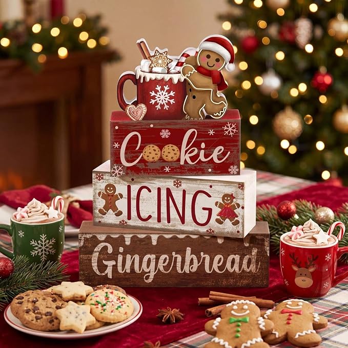 Moucuny 4 Pcs Christmas Table Decor Wooden Gingerbread Cocoa Decoration Christmas Centerpiece Winter Tiered Tray Decor Gingerbread Man Cocoa Block Signs Gift Farmhouse Xmas Decoration for Home Kitchen - Image 9
