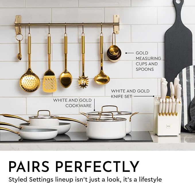 Styled Settings Gold Cooking Utensils Set, 5-Piece | Stainless Steel Kitchen Tools for Modern Cooking and Serving - Ladle, Spoon, Spatula, Pasta Fork - Brass Kitchen Accessories - Image 3