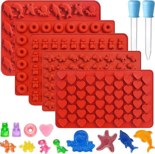 Gummy Bear Mold Silicone for Gummies Candy, 5Pcs Ocean Theme Gummy and Chocolate Molds Silicone for Kids Including Mini Bear, Dinosaur, Dolphin, Starfish, Octopus, Hearts, Donut with 2Droppers