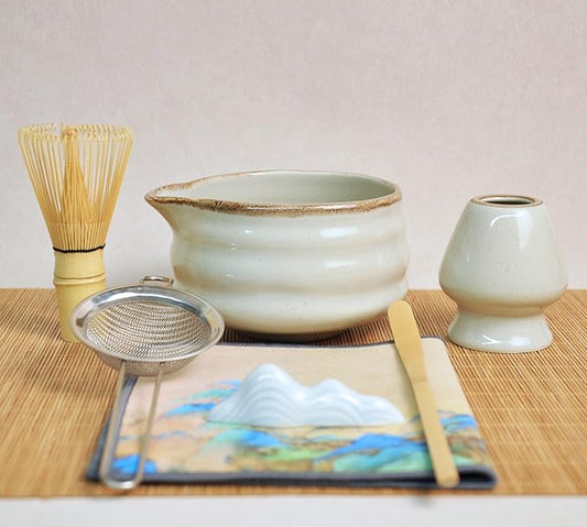 Matcha Whisk Set, Ceramic Matcha Set Includes Matcha Bowl, Matcha Whisk Chasen and Whisk Holder, Sifter, Bamboo Scoop, Scoop Rest and Tea Towel-7 Pcs Matcha Kit for Matcha Lovers, Misty Gray