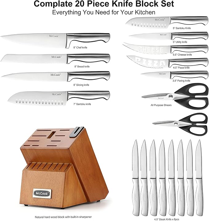 McCook Knife Set Kitchen Steel Knife Block Set w Built-in Sharpener | German Forged Stainless Steel, 20 PC,Razor Sharp, Anti-Rust,Restaurant Grade,Ergonomic Handles,Full Tang,Gift Box - Image 2