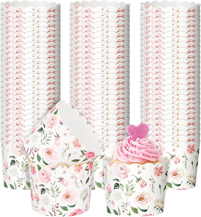 Qinyoung 150 Pcs Pink Floral Cupcake Wrappers Liners Rose Paper Baking Cups Greaseproof Disposable Scalloped Flower Cupcake Muffin Cases for Spring Summer Wedding Baby Shower Birthday Tea Party Decor by Qinyoung