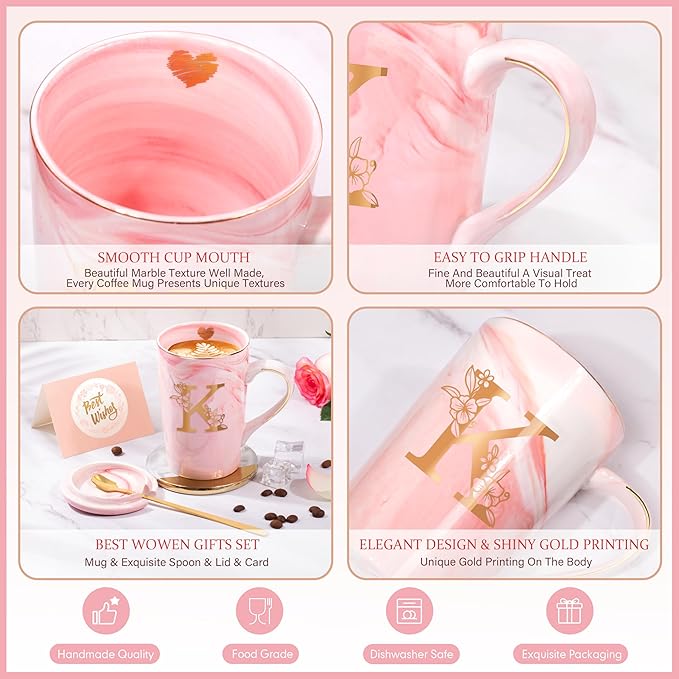 Coffee Mugs - Personalized Gifts for Women, Initial Customized Ceramic Marble Cups 14 Oz Pink, Luxury Christmas Mother's Day Birthday Gift for Mom Grandma Girlfriend Friend Unique,K - Image 5