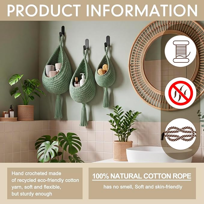 Honeydak Boho Decor Hanging Wall Baskets for Kitchen 3 Pack Teardrop Baskets with Hooks Storage Fruit Onion Vegetable Potato for Home 3 Sizes (Sage Green,Tassel,Cotton Rope) - Image 3