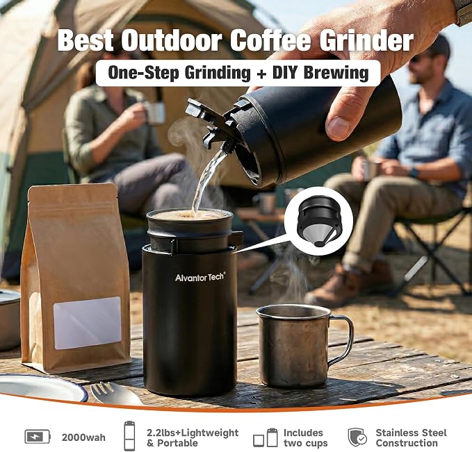 2-in-1 Portable Electric Burr Coffee Grinder - Grind & Brew, 38 Adjustable Settings, Ceramic Alloy Burrs, Rechargeable, with Cups, Filter & Lid for Home, Travel & Camping - Image 4