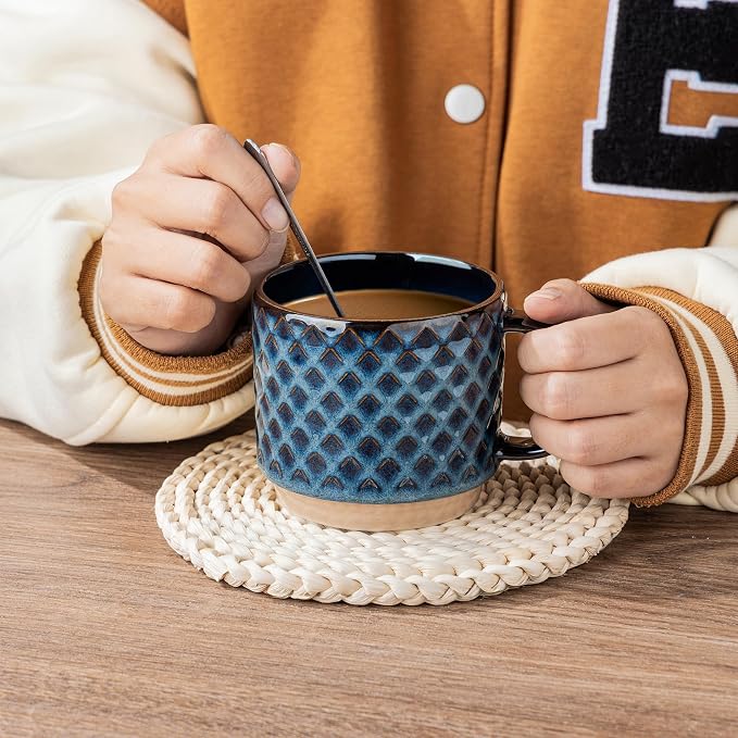 GBhome 12 OZ Stackable Coffee Mugs Set of 4, Ceramic Coffee Cups Set | 4 Assorted Designs, Embossed Mugs with Texture Patterns for Tea/Coffee, Dishwasher&Microwave Safe, Deep Blue - Image 4
