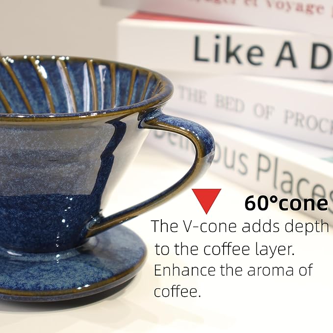 Ceramic Coffee Dripper includes 50 Filters 01 Pour Over Coffee Maker Porcelain V Hand Brewed Set Pottery Artisanal Drip Brew Barista Gift for 1-2 People Travel Camping Office Home