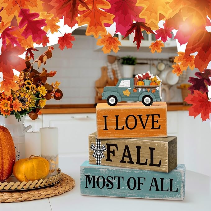4 Pcs Thanksgiving Decoration for Home Fall Truck Decor Fall Tiered Tray Decor Rustic Wooden Truck Block Sign Gift Thanksgiving Centerpiece Autumn Table Decorations for Harvest Party Kitchen Home - Image 4