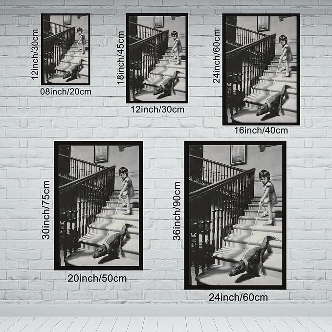 Girl Walking Baby Crocodile on Leash, Black And White Vintage Photo, Oddities, Funny Poster Canvas Poster Wall Art Decor Print Picture Paintings for Living Room Bedroom Decoration Black Frame 16x24in - Image 2