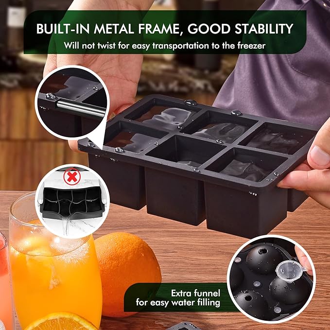 Ice Cube Tray, SLGOL Ice Trays for Freezer with Lid, Easy Release large Ice Cube Molds, Silicone ice cubes mold for Whiskey, Stackable Square Ice Tray for Cocktails Whiskey Coffee【6 round + 6 square】