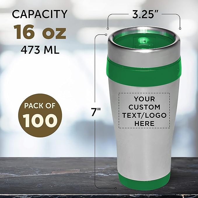 Custom Insulated Stainless Steel Travel Mugs 16 oz. Set of 100, Personalized Bulk Pack - Perfect for Coffee, Soda, Other Hot & Cold Beverages - Green