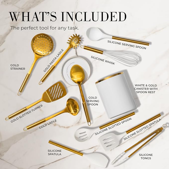 STYLED SETTINGS White and Gold Cooking Utensils Set, 13-Piece | Kitchen Set with White Ceramic Utensil Holder and Stackable Gold Spoon Rest - Luxury Kitchen Accessories for Stylish Cooking - Image 2