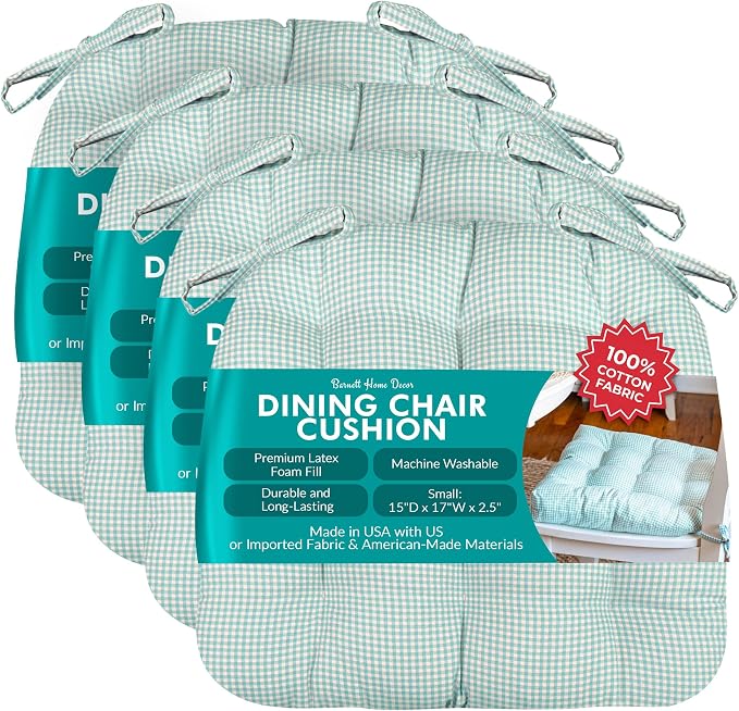 Barnett Home Decor Chair Cushions for Dining Chairs - 15x17 Kitchen Chair Cushions - Machine Washable, 100% Cotton - Made in USA - Latex Foam Comfort Chair Pads - Madrid Aqua Gingham Small Pack of 4 by BarnettHomeDecor