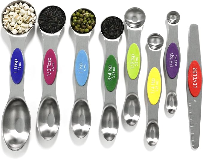 Magnetic Measuring Spoons Set Stainless Steel with Leveler, 8pcs Multicolors Measuring Cups Set for Baking, Measuring Cups and Spoon Set Kitchen Gadgets Apartment Essentials Fits in Spice Jars by BIDFUL