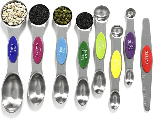 Magnetic Measuring Spoons Set Stainless Steel with Leveler, 8pcs Multicolors Measuring Cups Set for Baking, Measuring Cups and Spoon Set Kitchen Gadgets Apartment Essentials Fits in Spice Jars by BIDFUL
