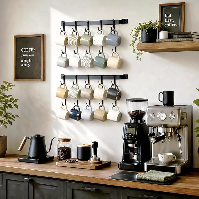 17" Coffee Mug Hook Rack Wall Mounted Set of 2 | Black Metal Tea Cup Holder Hanger Organizer 10 Hooks, Kitchen Rail Utensil Rack for Dining Room Coffee Bar - Image 2