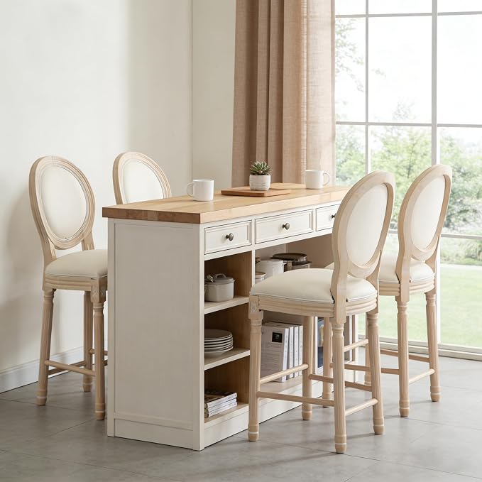 French Country Barstool, Linen Farmhouse Counter Height Chair | Set of 4, with Cushion Round Back and Solid Wood Legs, Oval Chairs for Restaurant, Bar, Kitchen, Café, Beige - Image 2