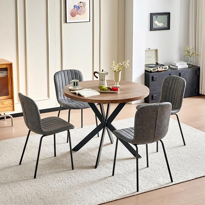 37 Inch Round Dining Table Set for 4, Modern Small Circle Kitchen Coffee Set for Apartment Living Room Office, Save Space(1 Imitation Wood Table + 4 Grey PU Leather Chairs) - Image 7