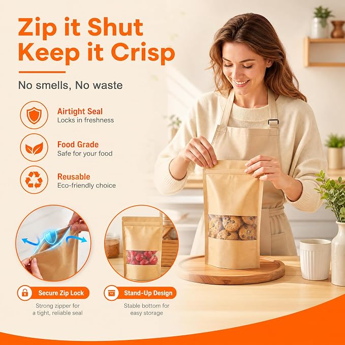 100 Pcs Kraft Paper Bags with Window, 5.5" x 7.9" Stand Up Pouches Bags, Food Storage Bags for Packaging Products, Reusable, Sealable - Image 5