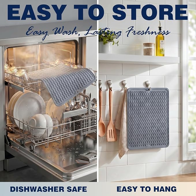 2 Pack Caketime Silicone Dish Drying Mat for Kitchen Counter Waterproof Place mats Sink Protector Stove Top Organizer Cooking Appliance Trays Dryer Rack Drainers Items Extra Large 24"x18" Beige - Image 5